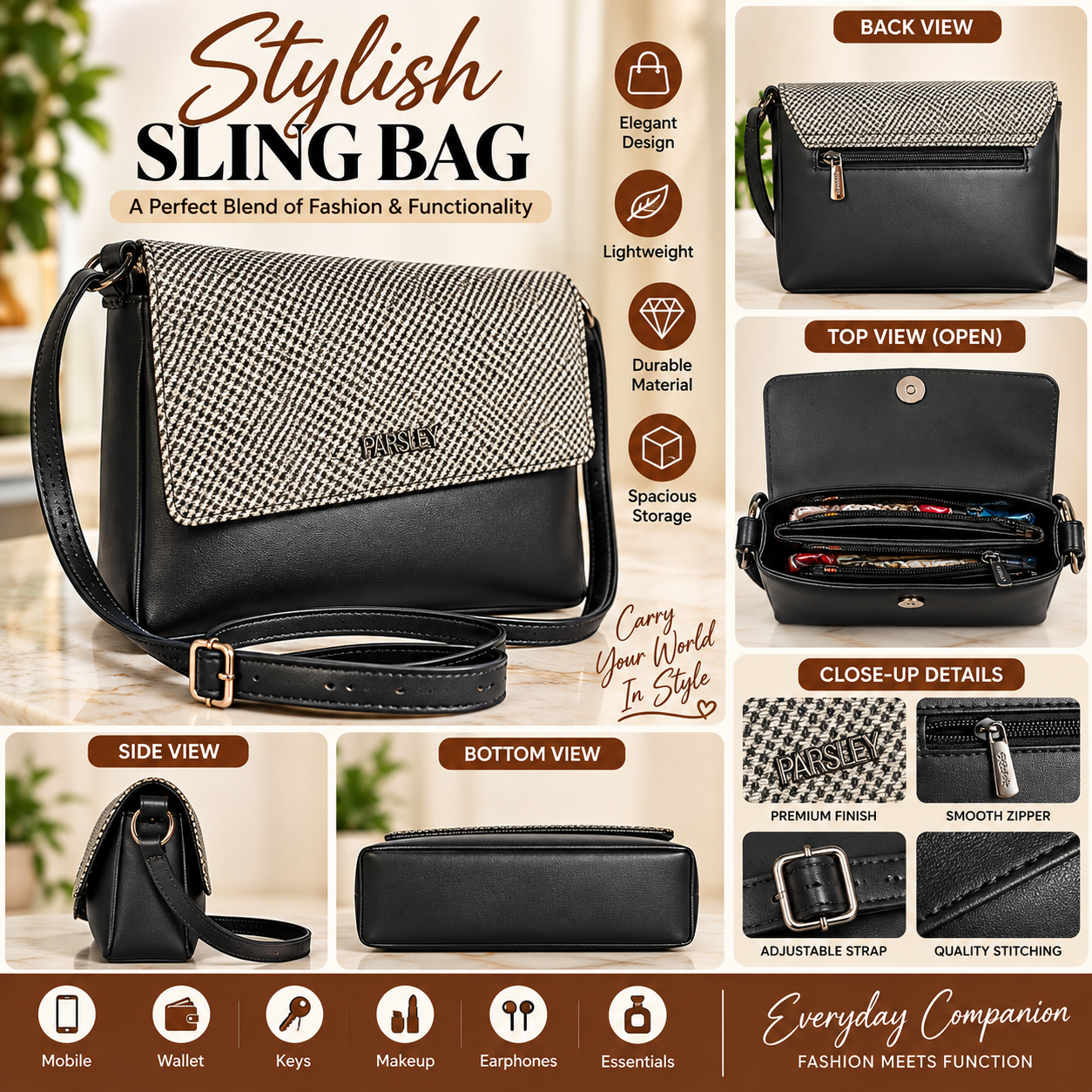 Stylish Black Sling Bag for Women – Textured Flap Crossbody Bag