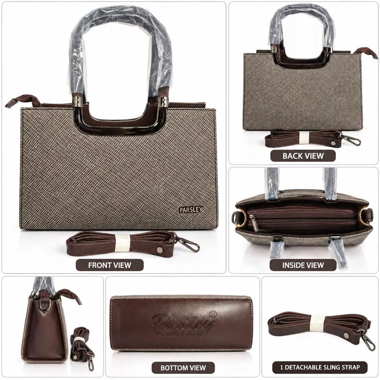 Stylish Brown Structured Handbag for Women with Top Handles & Detachable Shoulder Strap