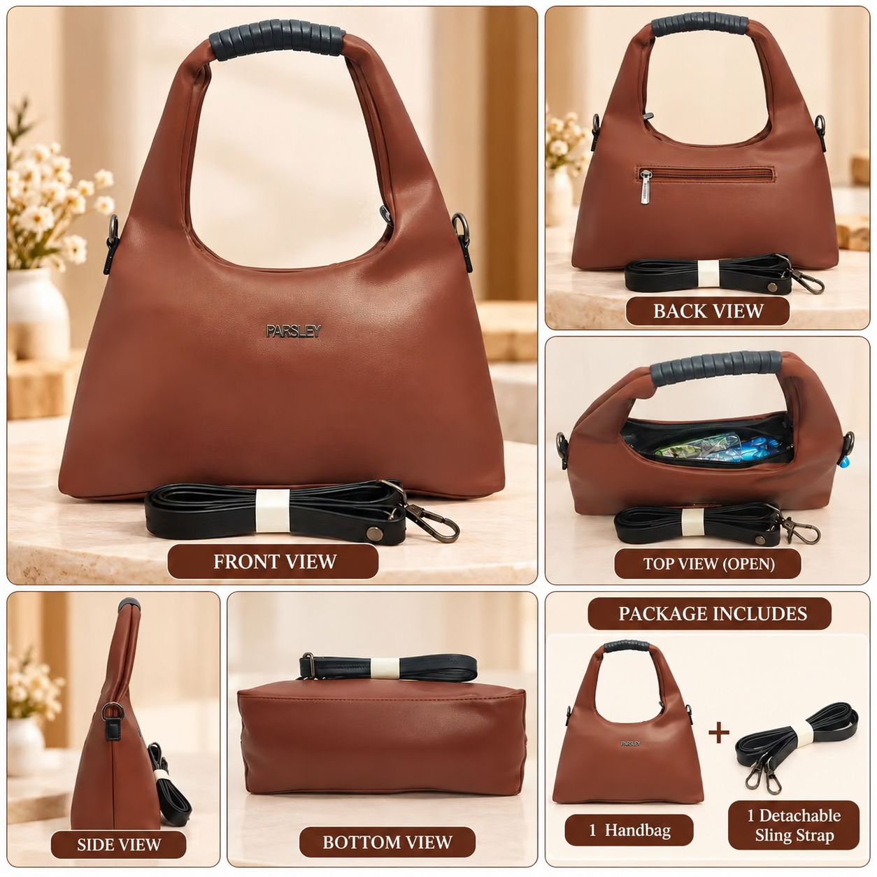 Stylish Brown Handbag for Women with Detachable Sling Strap