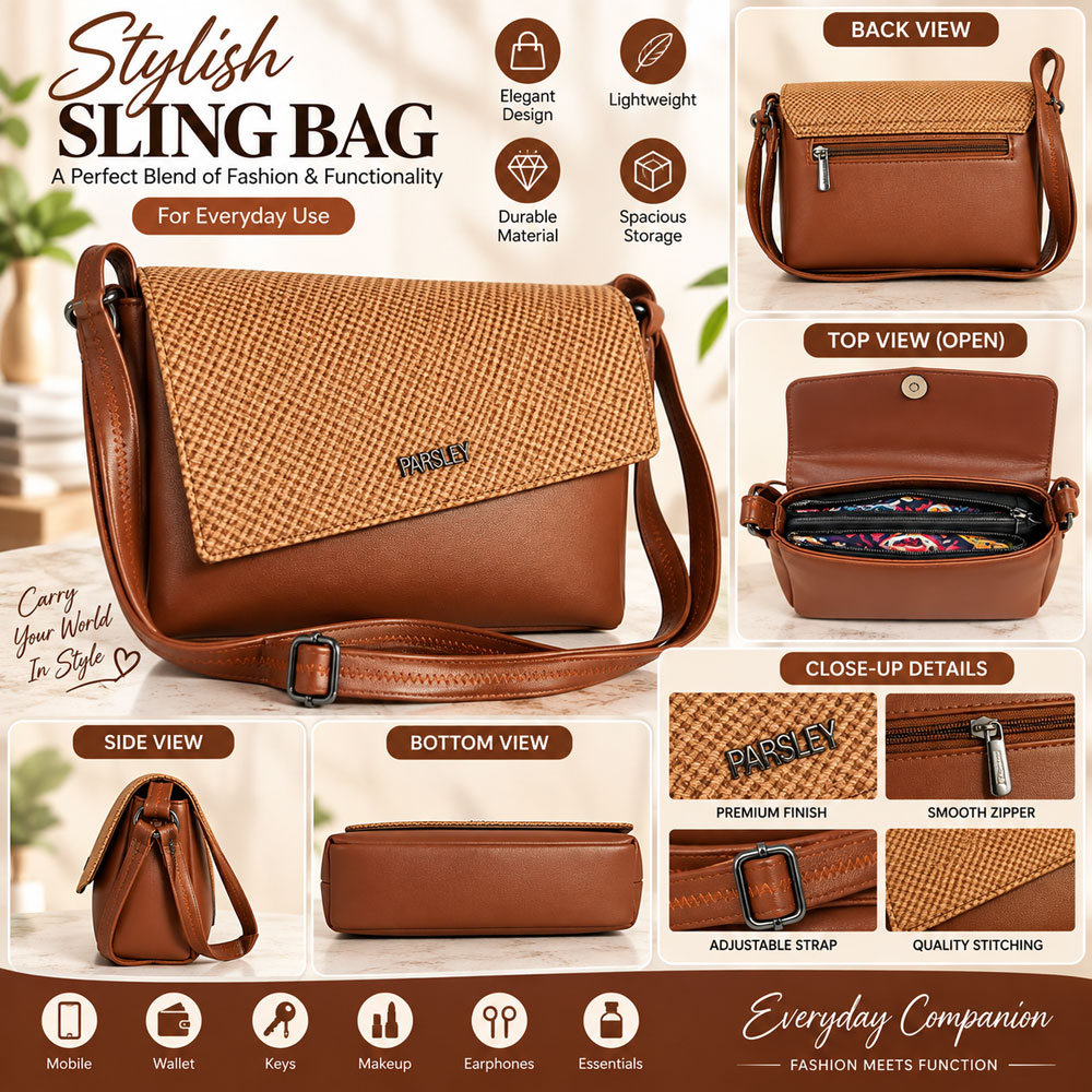 Stylish Brown Sling Bag for Women – Textured Flap Crossbody Bag