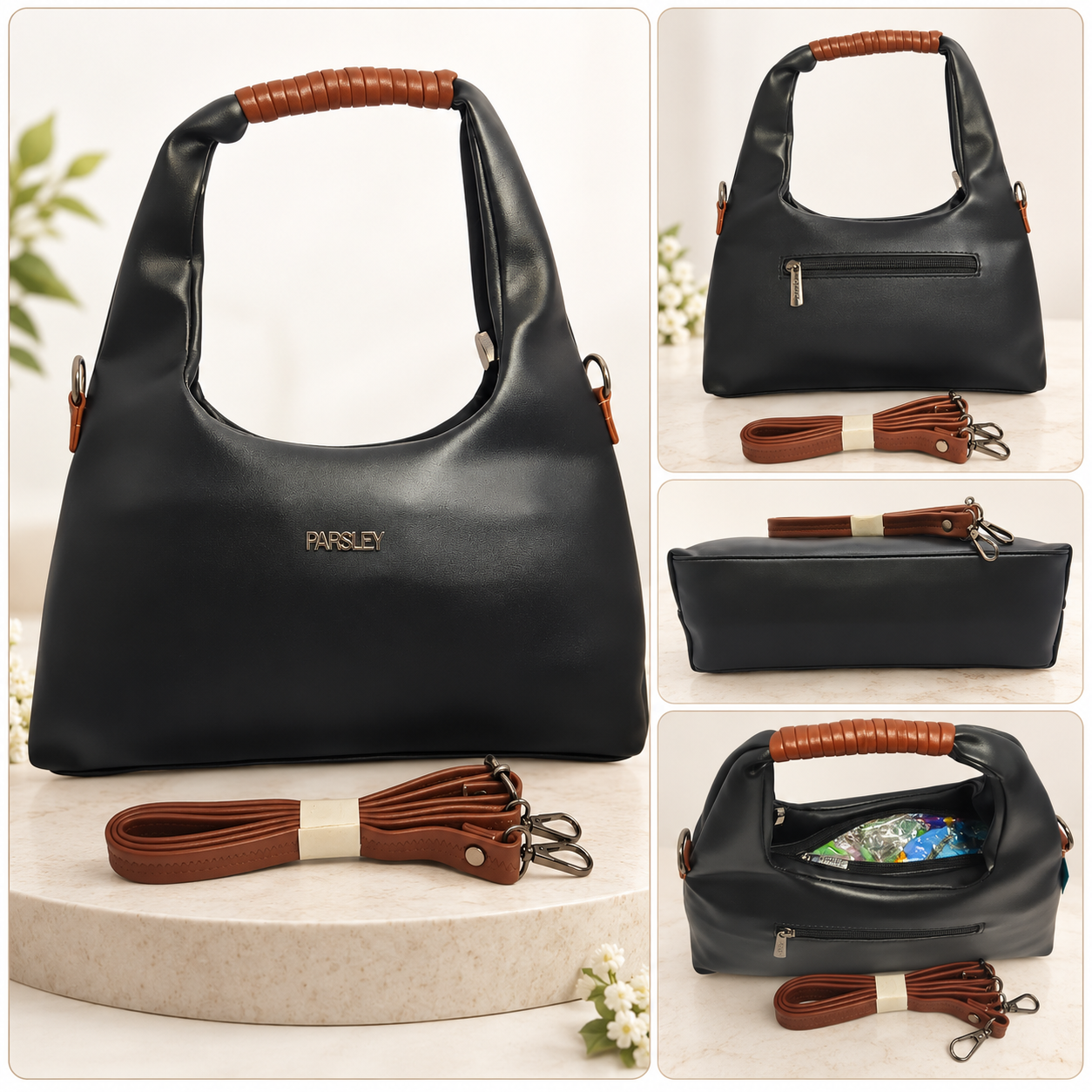 Stylish Black Handbag for Women with Detachable Sling Strap
