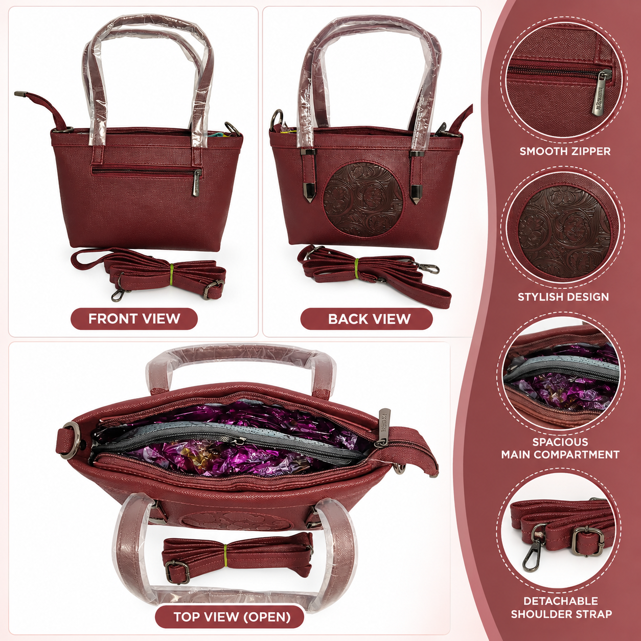 Stylish Maroon Tote Handbag for Women with Detachable Sling Strap