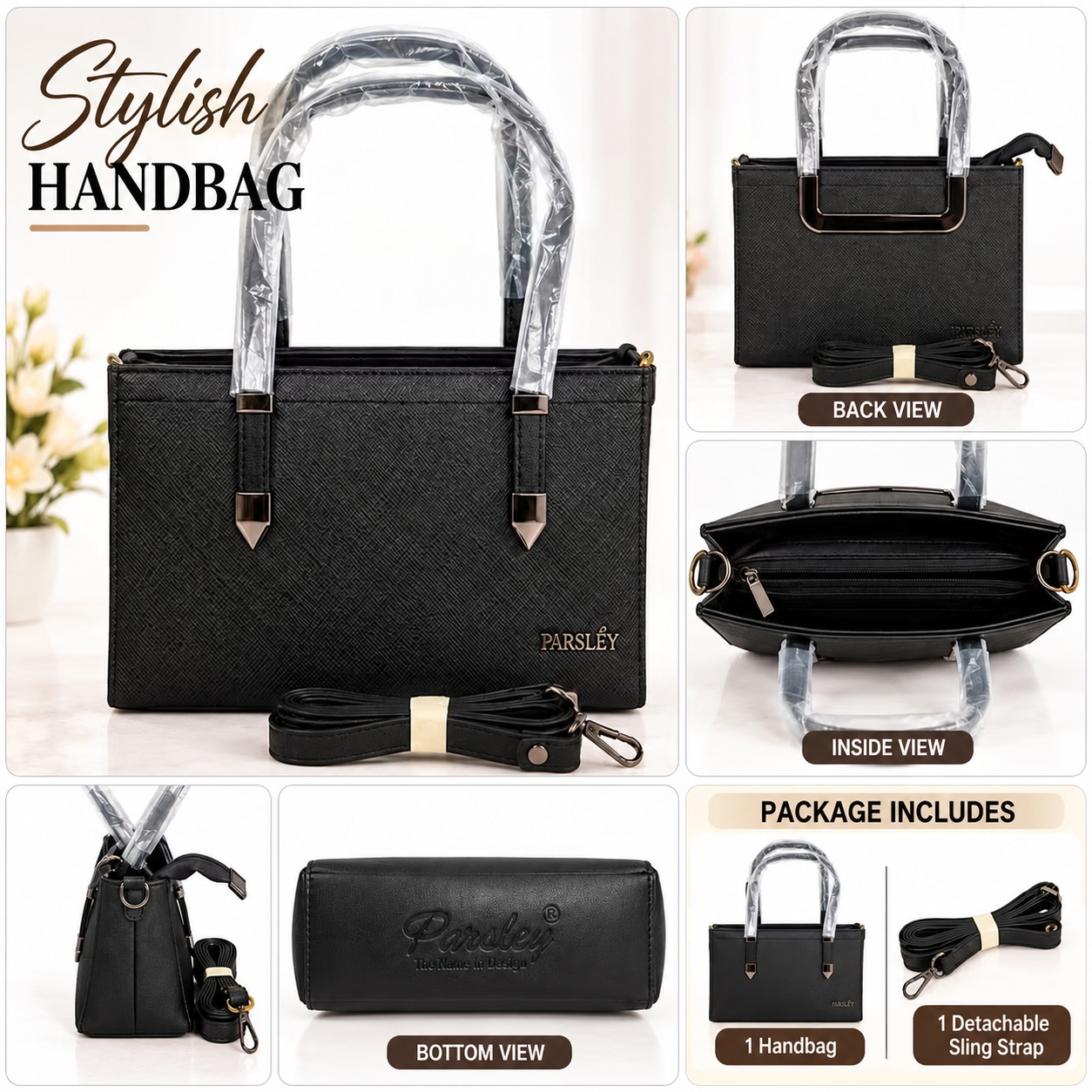 Stylish Black Structured Handbag for Women with Top Handles & Detachable Shoulder Strap