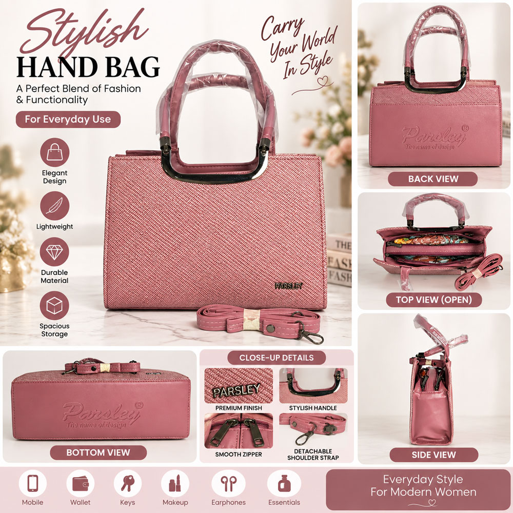 Pink Structured Handbag for Women with Top Handles & Detachable Shoulder Strap